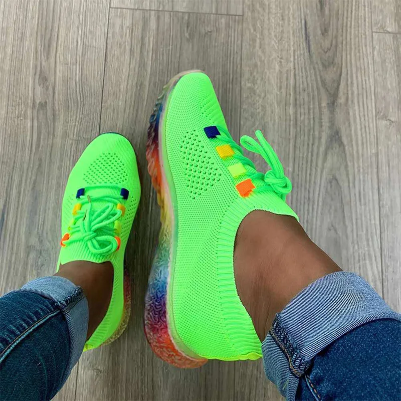

Fluorescent Green Mesh Breathable Knitting Sneakers Casual Sports Shoes Light Weight Women Running Sports Sock Trainers Shoes