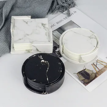 

6PCS Set Marble Coaster PU Drink Coffee Cup Mat Waterproof/Heatproof Table Placemats Tea Pad Black White Desk Decoration