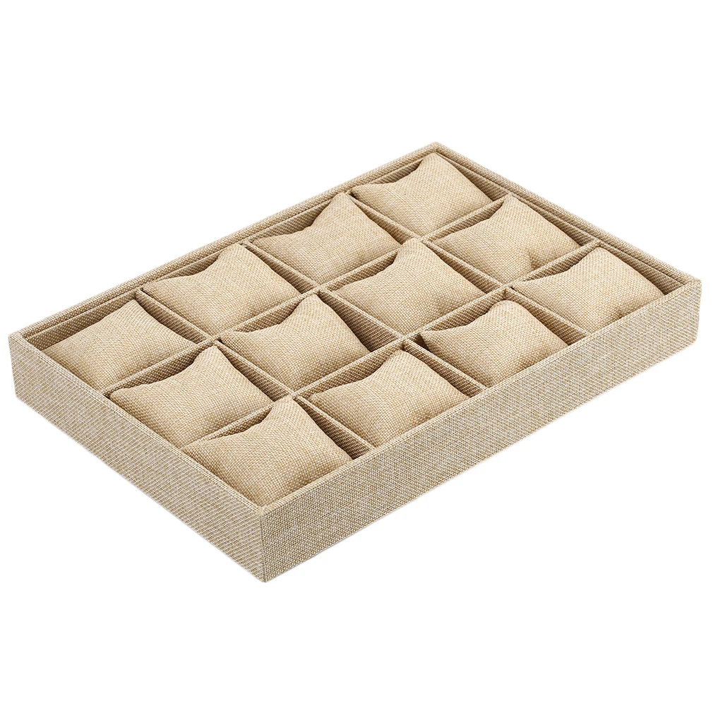 

HOT SALE 12 Grids Watch Display Case Bracelet Jewelry Holder Container Box with Pillow Style Thick Hemp