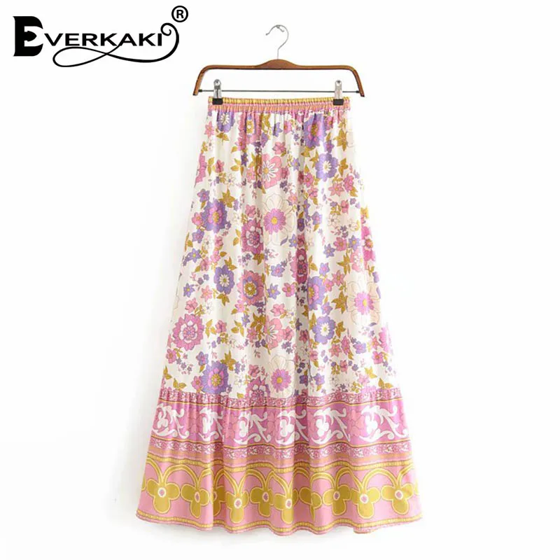 Everkaki Женская длинная юбка в стиле бохо с цветочным принтом и кисточками, винтажные этнические повседневные женские юбки макси, новинка года, лето-осень