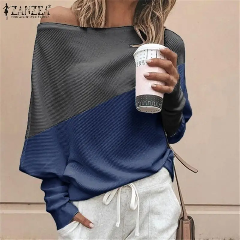 Сексуальный джемпер размера плюс ZANZEA с открытыми плечами, Осенний Женский Повседневный трикотажный пуловер с длинным рукавом в стиле пэчворк, вязанная блузка, 7