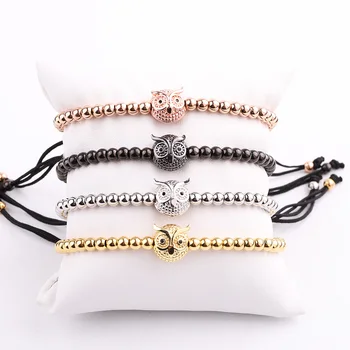 Jaravvi High Quality CZ Micro Pave Owl Stainless Steel Beads Handmade Cord Macrame Friendship Bracelet Men Women Jewelry Gift
