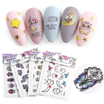 

5D Embossed Nail Art Stickers Acrylic Engraved Butterfly Bee Flowers Feather Empaistic Nail Water Slide Decals Charm Decorations