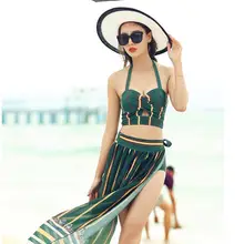 Летний комплект из 3 предметов, купальник для женщин, сексуальный принт, пляжная одежда, высокая талия, пуш-ап, бандаж, бикини, набор, купальник, накидка, юбка, купальник