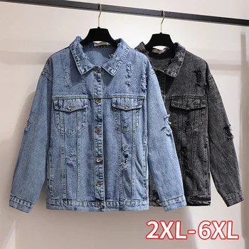 

Womens Jeans Jacket Retro Turn-down Collar Denim Jacket Loose Oversize Basic Coats Motorcycle Punk Ripped Hole Female Outwear