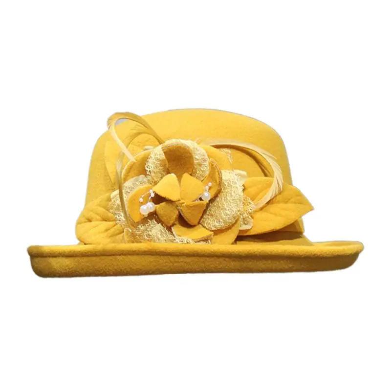 Womens Winter Vintage Faux Felt Trimmed Bucket Cap Flower Feather Imitation Pearl Bowknot Elegant Wedding Church Trend Top Hat