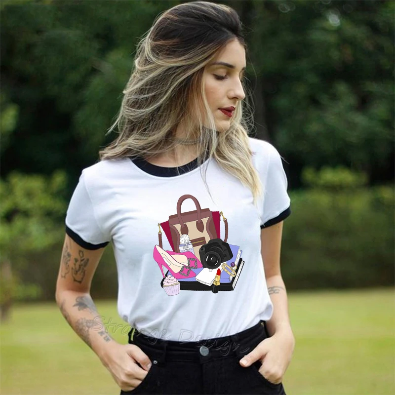 Летние иллюстрации Камера Сумка Духи цветы Vogue люксовый бренд футболка с принтом секция короткий рукав Tumblr футболка для женщин Топ - Цвет: 7