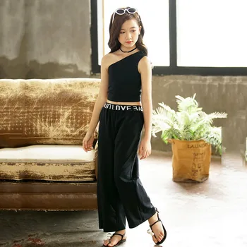 

YourSeason New Summer Teen Girls Set Personality Casual T-shirt Tops And Stripe Wide Leg Pants Kids Girl Sport Two Piece Suit