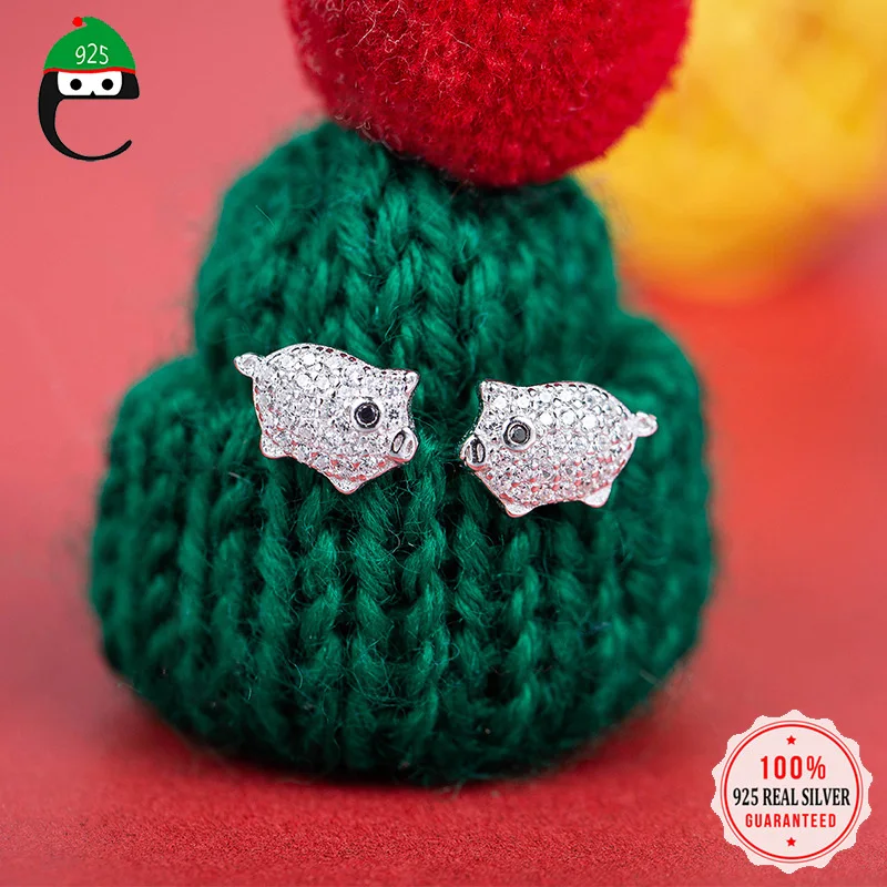 

ElfoPlataSi Cute Pig with CZ Stud Earring for Lady Madam Women Daughter Kids 100% 925 Solid Real Sterling Silver Jewelry ED293