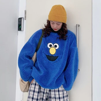 

Cartoon Lambs Wool Hoodies Women O Neck Velet Thicken Sweatshirt Autumn Winter Warm Outwear Red Blue Long Sleeve Streetwear W250