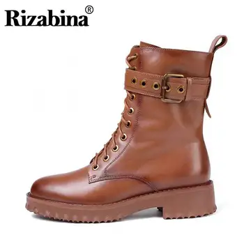 

RizaBina Real Leather Women Ankle Boots Fashion Buckle Zipper Thick Heel Women Shoes Casual Female Motorcycle Boots Size 34-42