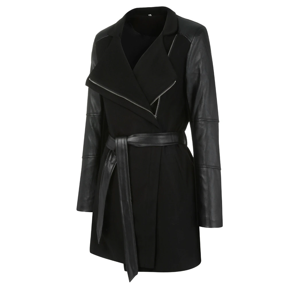 Jaycosin Winter Coats Women Autumn Fashion Zipper Leather Patchwork Sexy V Neck  Solid Casual Slim Overcoats Female Outer