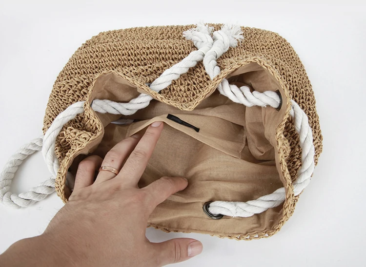 Summer Women Straw Backpack Handmade Beach Bag Drawstring Knapsack Knitted Crocheted Shoulder Bag Travel Bag 4