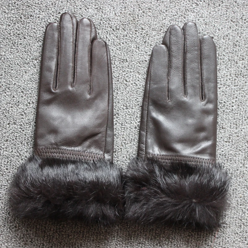 Кожаные перчатки с милым кроличьим мехом осенние и зимние кашемировые теплые перчатки из овчины варежки из натурального меха Горячая Распродажа