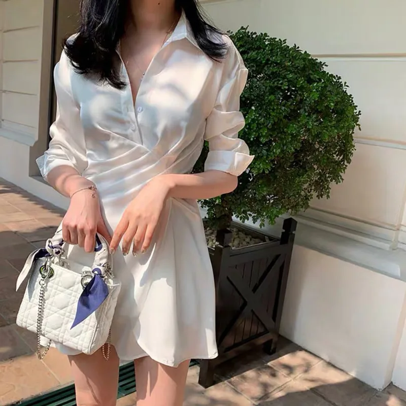 Женские сексуальные платья, Осенние, с отворотом, рукав семь четверти, сплошной цвет, свободная рубашка, Атласный топ, тонкое, с высокой талией, платье M мм