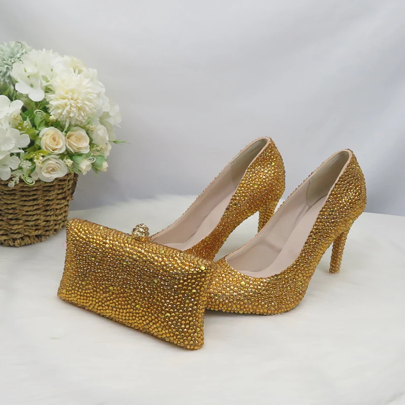 

BaoYaFang Gold Pointed Toe shoe with matching bag woman Wedding shoes Bride High Pumps Evening Party dress shoes Female Big size