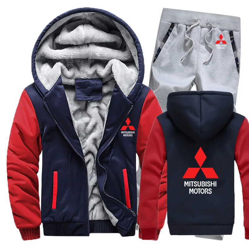 Мужские толстовки с капюшоном с логотипом Mitsubishi, мужские толстовки с капюшоном, зимний утепленный флисовый хлопковый спортивный костюм на молнии, мужская куртка+ штаны, комплекты из 2 предметов