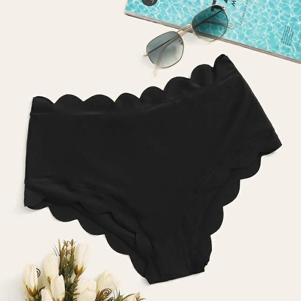 Women High Waist Ruched Bikini Bottoms Tummy Swimsuit Bottoms Briefs Pants Black Wave edge Out Bathing Suit Bottoms купальник