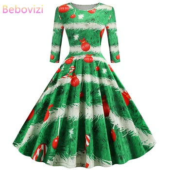 

Bebovizi Winter Dresses Women 2019 Christmas Vestidos Autumn Elegant Party Vintage Plus Size Green Clothes Print Bandage Dress