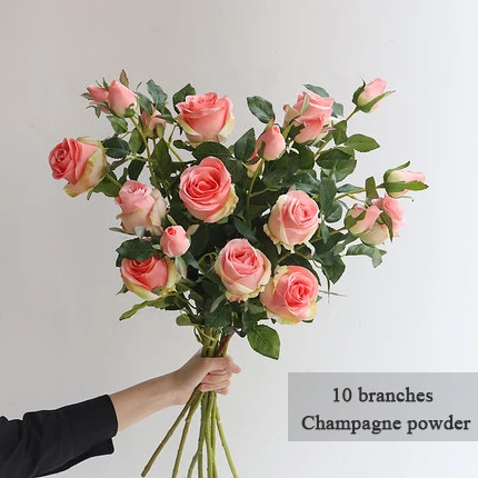 10 шт., искусственные цветы, искусственные розы для гостиной, искусственный цветочный набор, Шелковый искусственный цветок, букет роз, украшение для дома - Цвет: Champagnepowder10