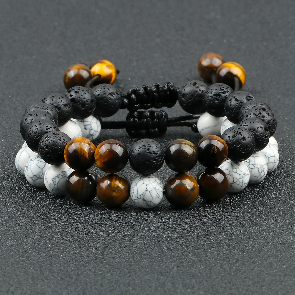 Stone Bead Bracelet 2Pcs Adjustable Braided Natural Stone Beads Bracelets for Couples Women Men Tiger Eye Lava Bracelet Yoga Jewelry