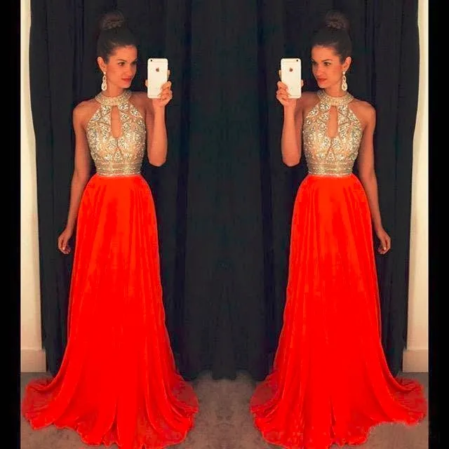 

Orange Prom Dresses A Line Halter Top Crystal Beading Dress For Graduation Vestidos De Formatura Long 2020 Abendkleider