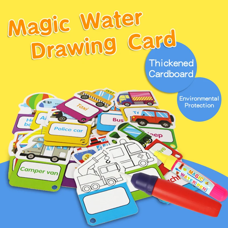 30Pcs Magic Water Drawing Card Word Flashcards Kids Educational Toy Water Painting Board Coloring Toy 4 Types with 2 Pcs Pen