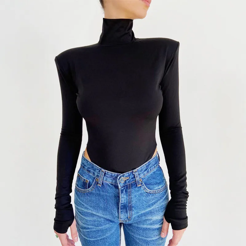 Женское боди с высоким воротником длинным рукавом и открытой спиной | Женская