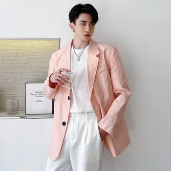 

2020 Fashion Top Streetwear Hip Hop Blazer Male Special Gorgeous Relief Pattern Pink Suit Men's Fashionable Coat Top Hombre