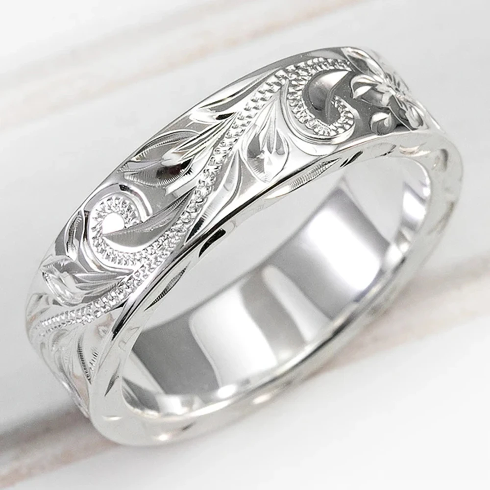 Huitan New Trendy Engraved Flower Leaf Pattern Women Wedding Band Rings Romantic Accessories for Lover Versatile Fashion Jewelry