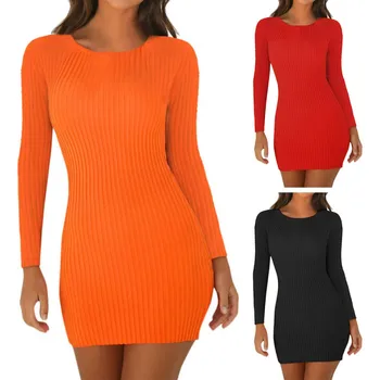 

Autumn Dress Women New Round Neck Long Sleeve Solid Color Party Knit Dress Sexy Bag Hip Slim Bodycon Dress Casual Wear Vestidos