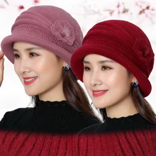 Осенне-зимняя женская элегантная шерстяная шапка, шапка из кроличьего меха, шапка, зимние вязаные шапки с цветами, женская модная теплая шапка Skullies