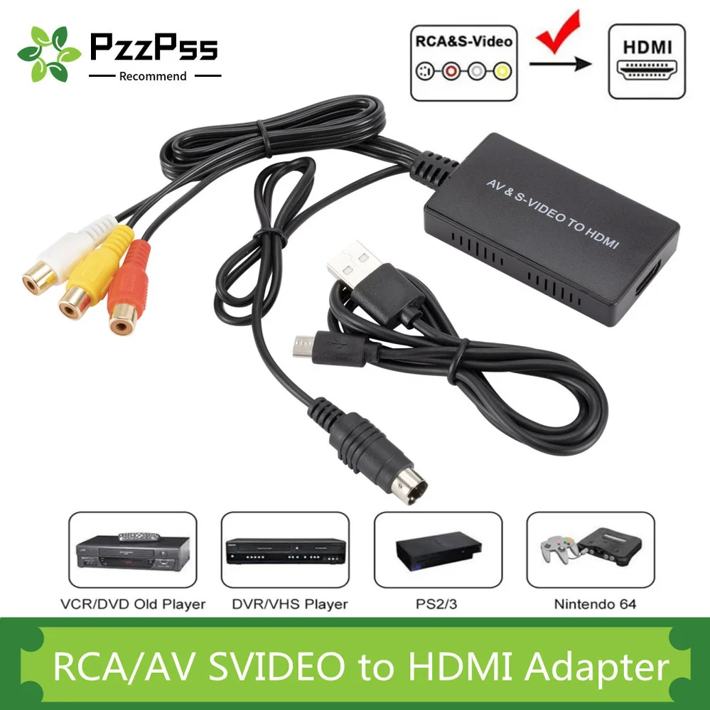 

PzzPss RCA /AV SVIDEO to HDMI-Compatible Adapter For DVD HD TV STB Compatble With PS2/PS3,720P /1080P AV S-VIDEO Video Converter