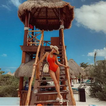 

Sexy One Piece Swimsuit Solid Female Black Swimwear Women Backless Orange Bathing Suit XL One Piece Swimsuit With Straps