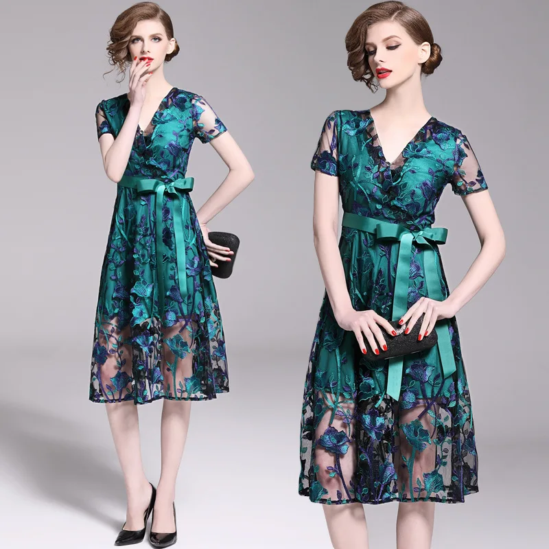 

Ozhouzhan High-End Mesh Dress Women's Summer 2019 New Style Dignified Glorious Embroidery Waist Hugging Lace-up-