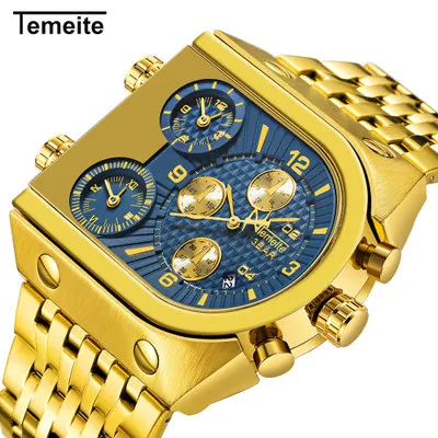 

Hot Selling Men Quart Watch TEMEITE Fashion Military Multifunctional Waterproof Calendar Steel Strip with Three Time Zones Gift