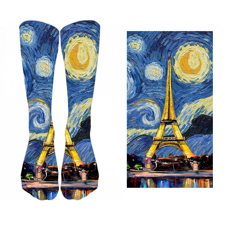New Style Oil Painting Eiffel Tower Art Socks Men Women Pure Cotton Harajuku Retro Pastoral Scenery Happy Long Tube Funny Socks