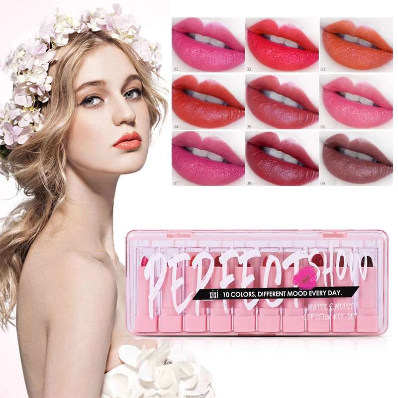 

10pcs/lot Lip Kit Lipstick Waterproof Nutritious Velvet Lip Stick Red Tint Nude Batom Makeup Set Silky Moisture Lip Set