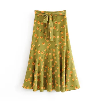

New Women fashion floral print patchwork ruffles midi skirt faldas mujer ladies side zipper bow tie sashes vestido skirts QUN616