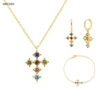 ANDYWEN 925 Sterling Silver Gold Rainbow Cross Zircon CZ Hoops Pendiente Piercing Ohrringe Bracelet Necklace Jewelry Set Luxury