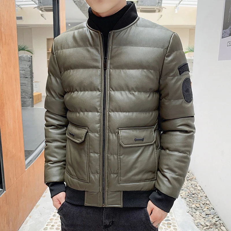 

PU Leather Cotton Padded Clothes Men's Slim Fit Korean Fashion Baseball Collar Small Cotton Padded Jacket Men's Thickened Warm