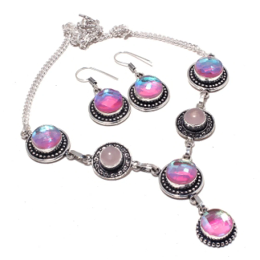 

Rainbow Topas,Rose Quarts Necklace + Earings Silver Overlay over Copper , 46.7 cm, N4393