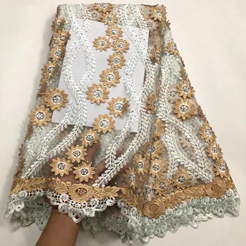 

Fashion African Lace Fabric High Quality 3D Flower Fabric Embroidery with Beads French Tulle Net Lace for Wedding Dress DC-847