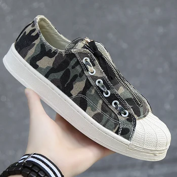 

2020 Men Camouflage shell-toe low-top board canvas shoes zipper slip on rubber sole Vulcanized loafers male comfort sneakers