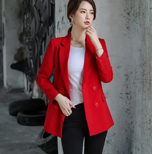Red Blazer Bouble однобортный Однотонный женский блейзер с карманами Женское пальто Модные Пиджаки Верхняя одежда Высокое качество куртки 5XL - Цвет: Red Blazer
