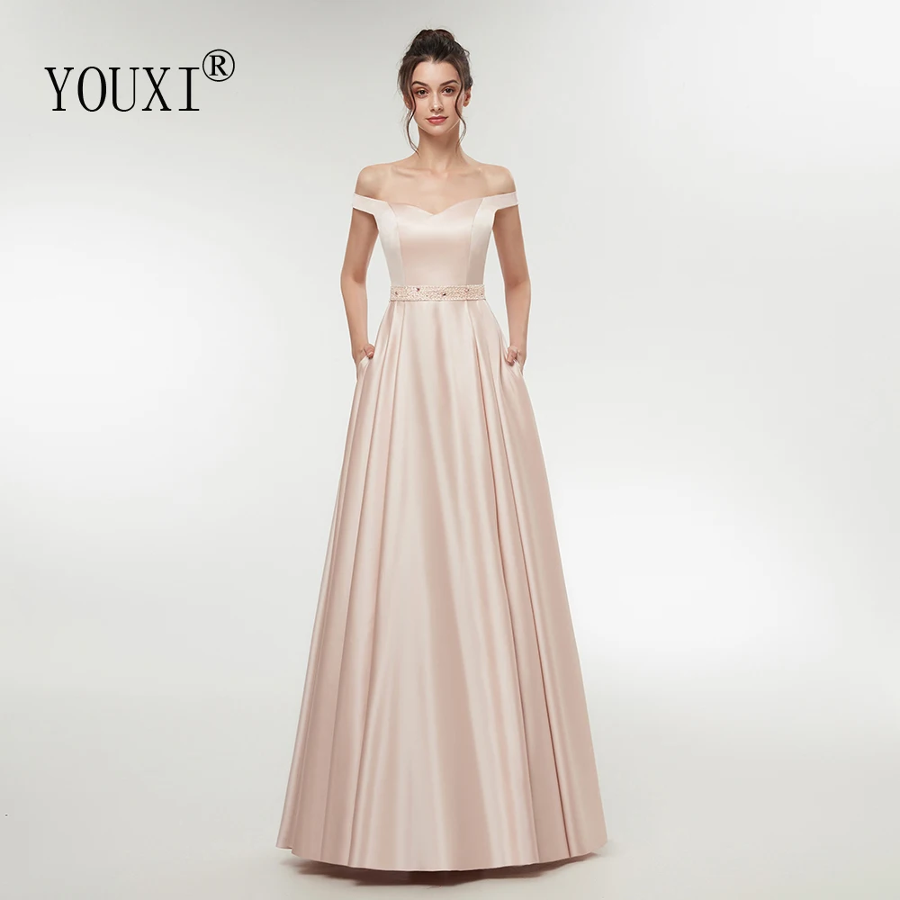 

Nude Pink Sexy Prom Dresses with Pockets 2020 Long Satin Beaded Sash Off Shoulder Formal Gown Robe De Soiree