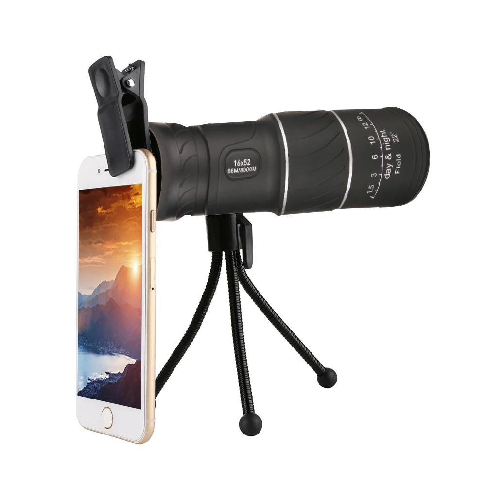 Portable 16* 52 Adjustable Single Telescope Full Optical Night Vision Hiking - Цвет: With tripod