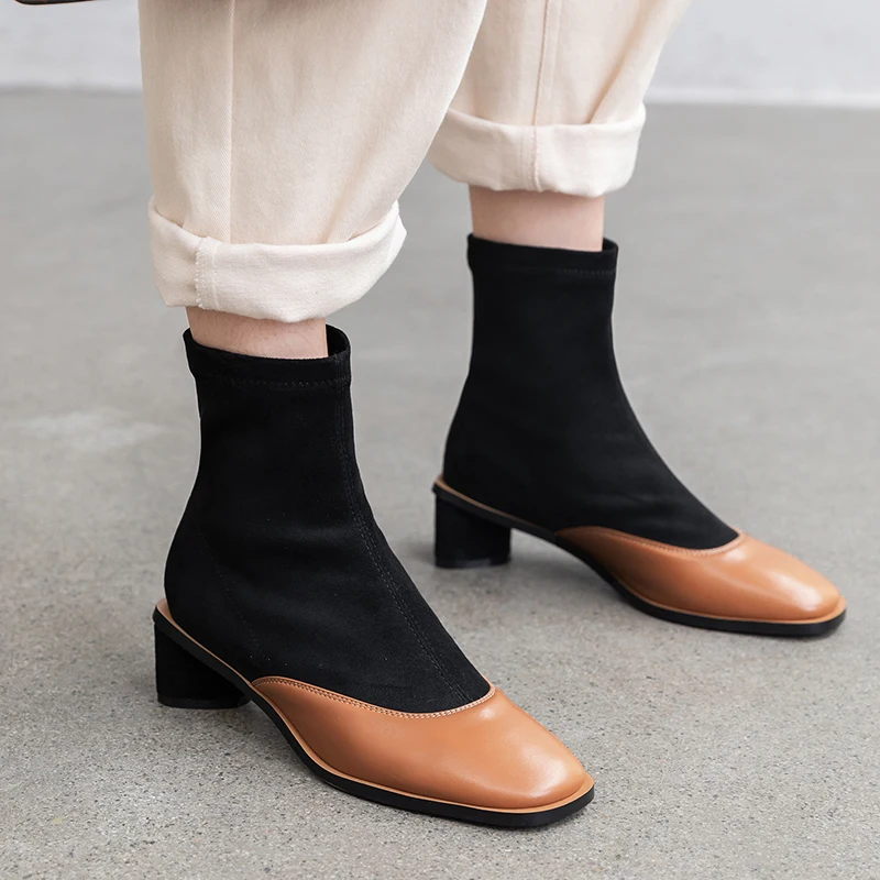 WETKISS/эластичные ботильоны; женские ботинки из натуральной кожи; женская обувь на толстом каблуке с квадратным носком; женские вечерние туфли с отстрочкой; сезон осень