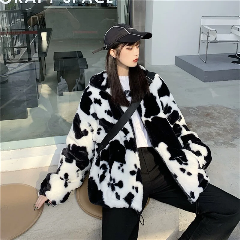 Korean Winter New Fashion Coat Harajuku Cows Printing Loose Full Sleeve Leather Jacket Vintage Flannel Keep Warm Cotton Clothes