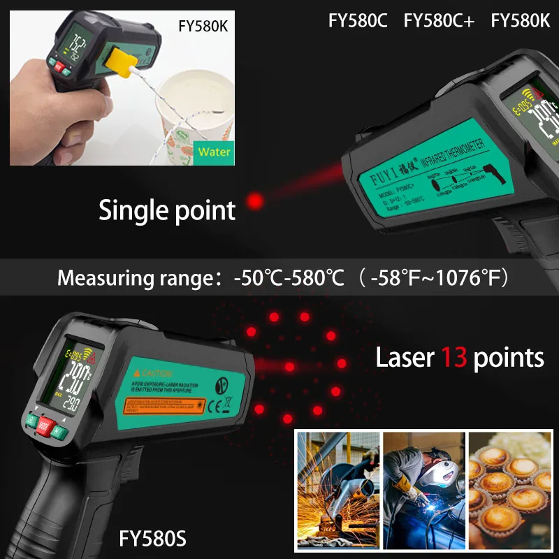 휴대용 디지털 적외선 온도계, 고정밀 비접촉 산업용 온도 계량기, LCD 디지털 온도계,-50 ℃ 580 ℃